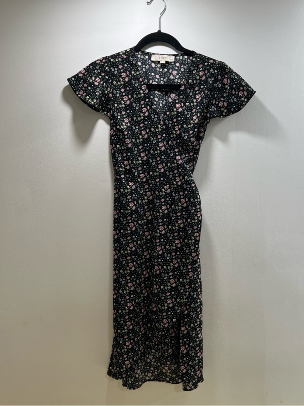 LOFT Black Midi Dress with Pink and Green Floral Print